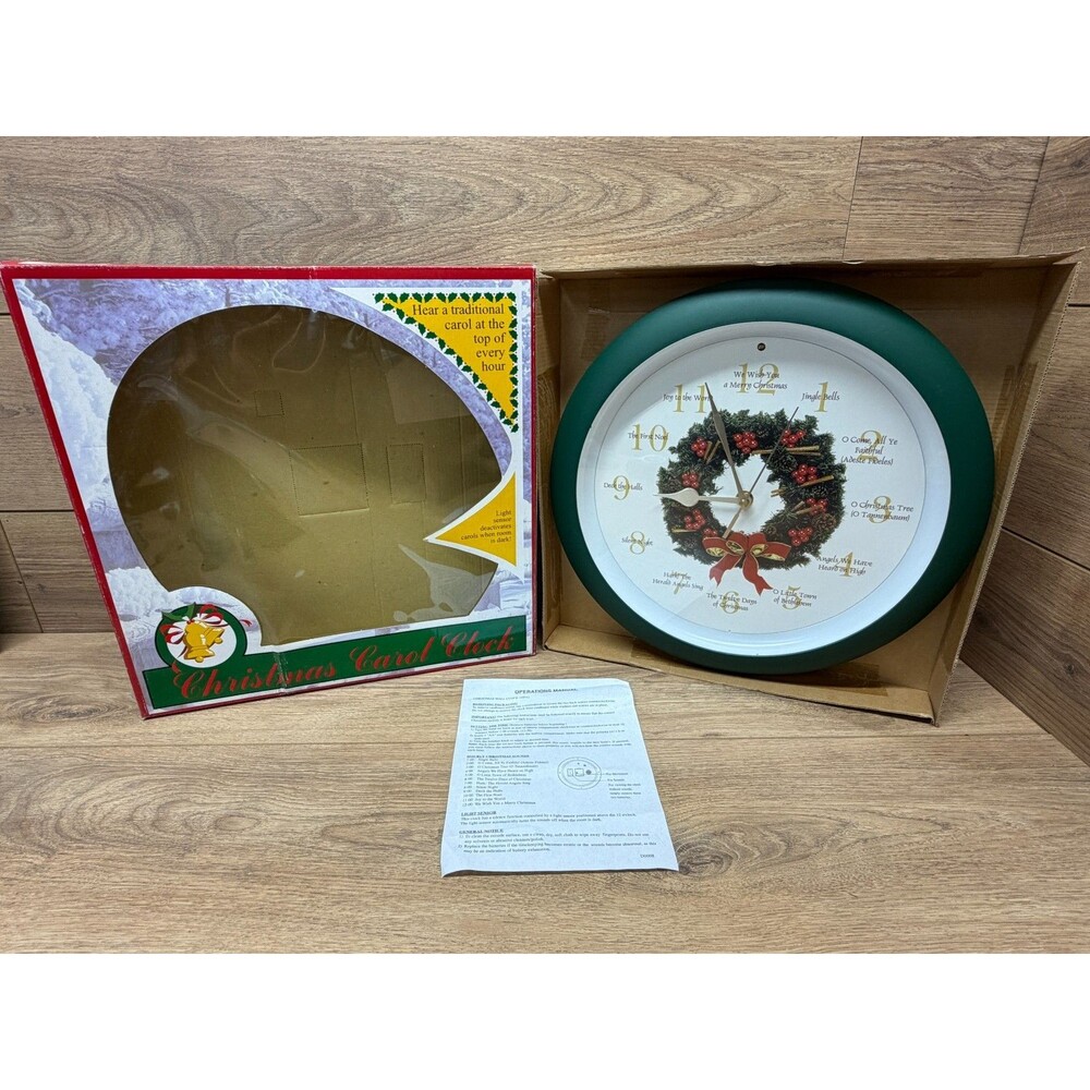 Feldstein Hourly Christmas Carol Wall Clock 12" Musical Light Sensor Wreath
